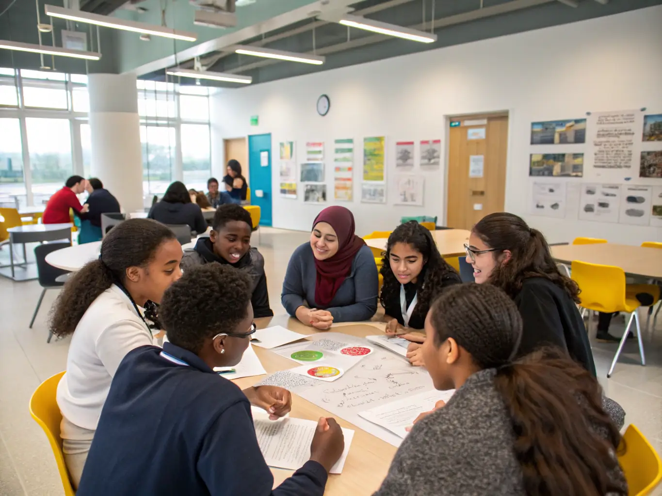 A group of international students are collaborating on a project, using their enhanced English skills to effectively communicate, share ideas, and solve problems together in a supportive learning environment.