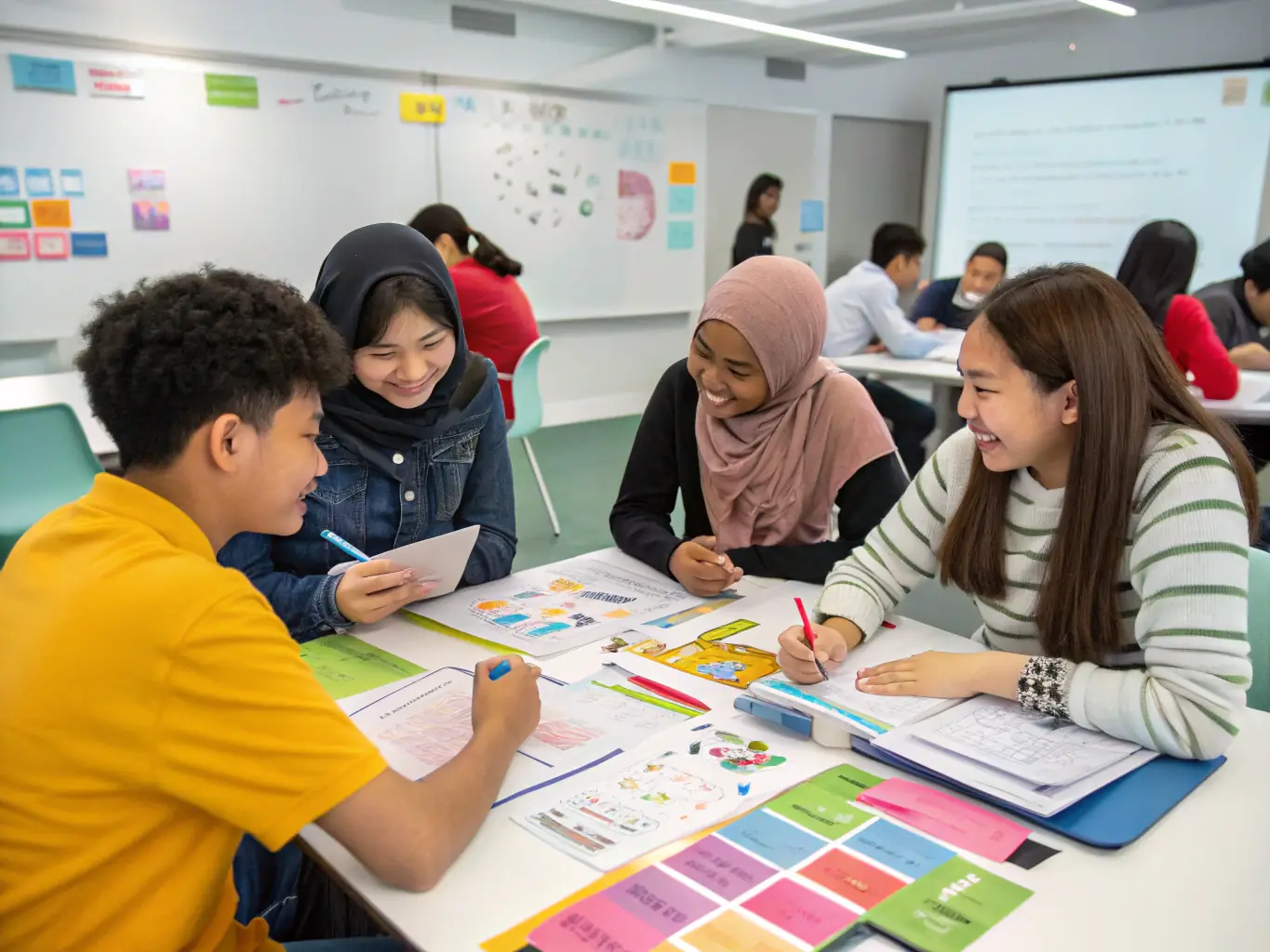 A diverse group of international students are actively participating in an interactive English class, focusing on conversational skills and group discussions, set in a modern classroom environment.