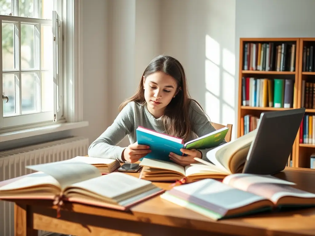 A student is diligently working on an academic writing assignment in a quiet study area, surrounded by textbooks and research materials, with a focus on grammar and composition.