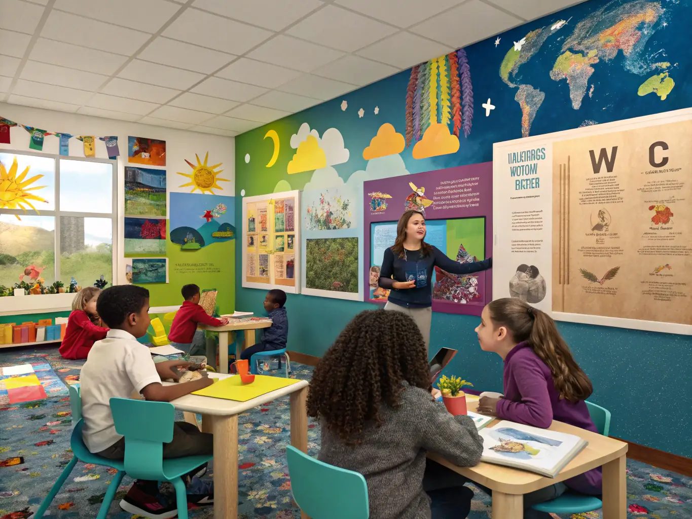 A diverse group of international students are actively participating in an English language class, focusing on improving their conversational skills through interactive exercises and group discussions, set in a modern classroom environment.
