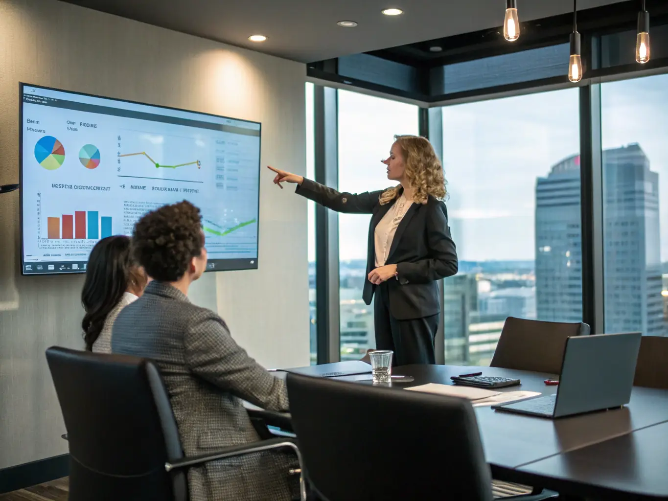 A professional is confidently delivering a presentation in a business meeting, using clear and concise language, while engaging with colleagues and showcasing strong communication skills.