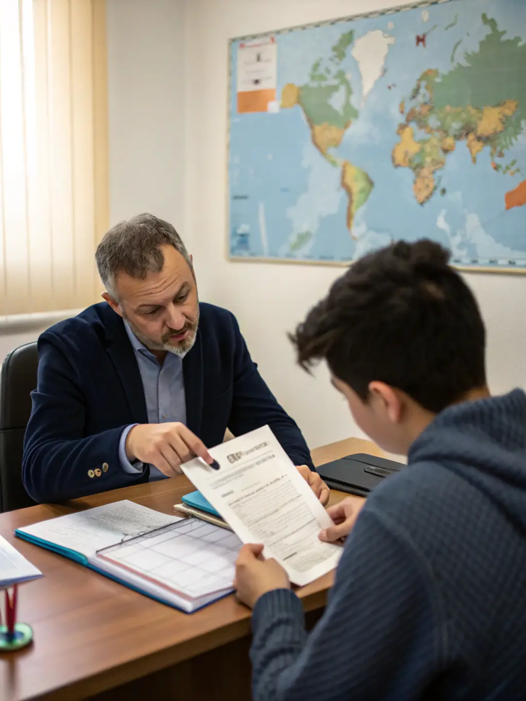 A Career Paths advisor assisting a student with their visa application, reviewing documents and providing guidance on the process.