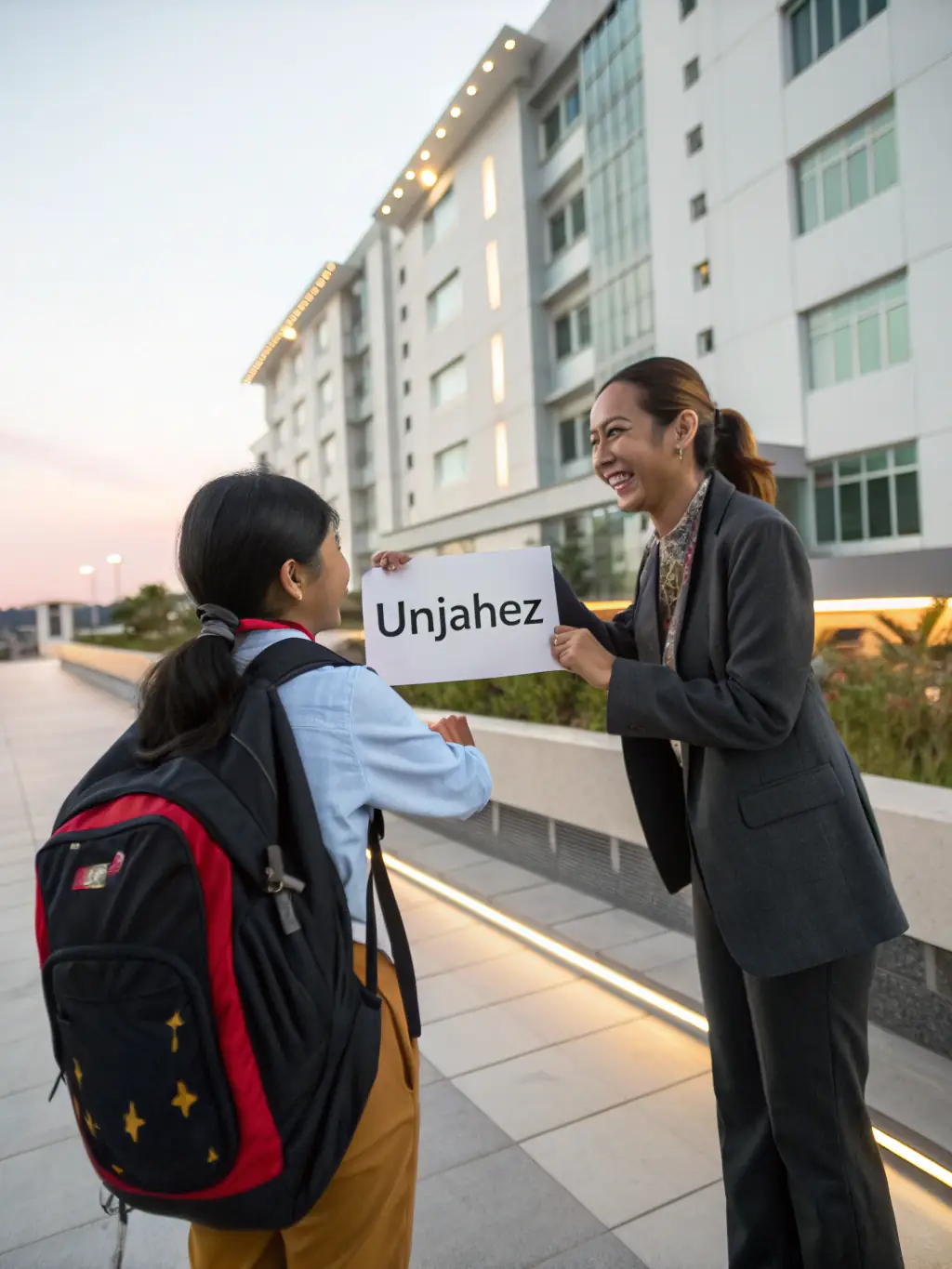 A friendly international student being greeted at the airport by a Career Paths representative holding a welcome sign, smiling and offering assistance with luggage.